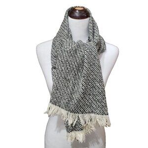 Simon Chang Scarf Wrap Woven Black Beige Fringed 60" x 19" Wool